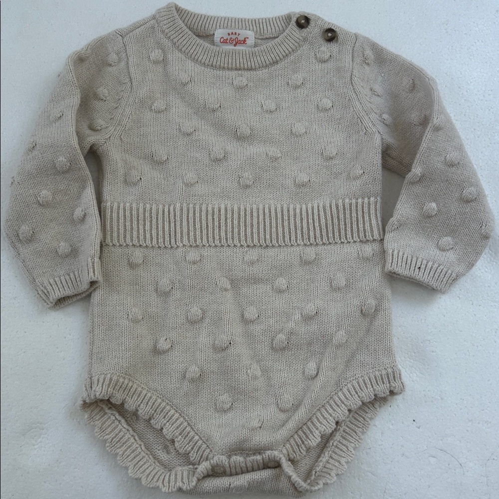 Cat & jack Pom popcorn bobble dotty knit cream girls sweater onesie bodysuit 6/9